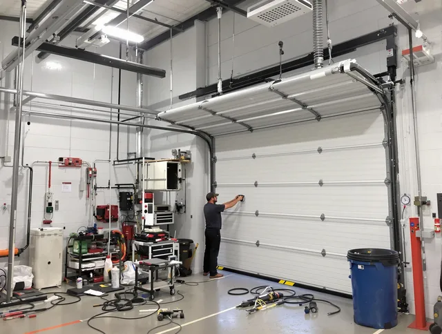 Akron Garage Door Repair certified technician performing commercial door repair at a Akron business facility