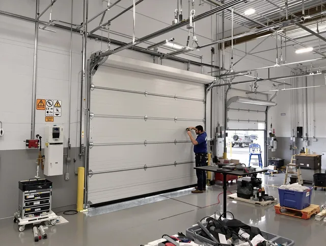 Commercial garage door repair being performed by Akron Garage Door Repair expert in Akron