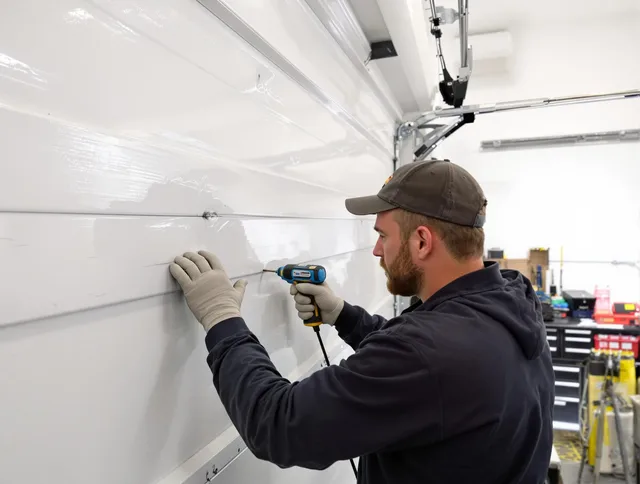 Akron Garage Door Repair technician demonstrating precision dent removal techniques on a Akron garage door