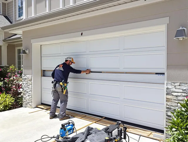 Akron Garage Door Repair team performing complete garage door replacement at Akron residence
