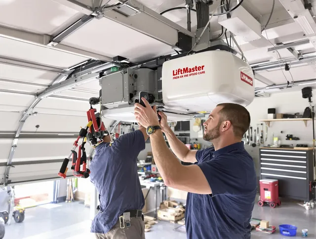 Akron Garage Door Repair technician performing advanced diagnostics on garage opener in Akron