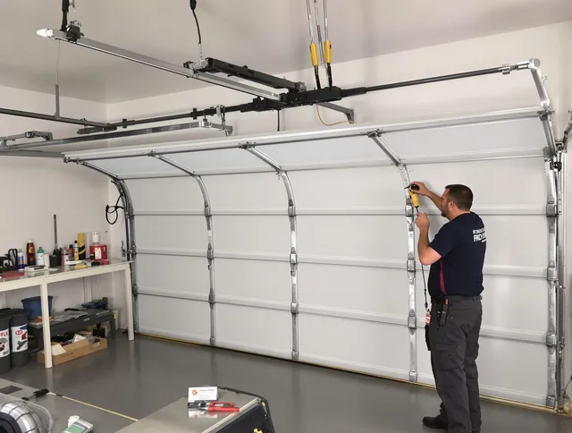 Akron Garage Door Repair certified technician performing overhead door system repair in Akron