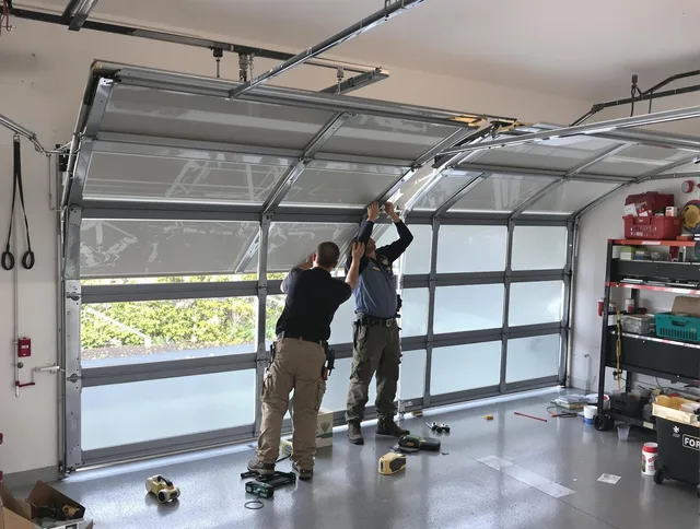 Akron Garage Door Repair expert performing precise panel replacement on Akron garage door