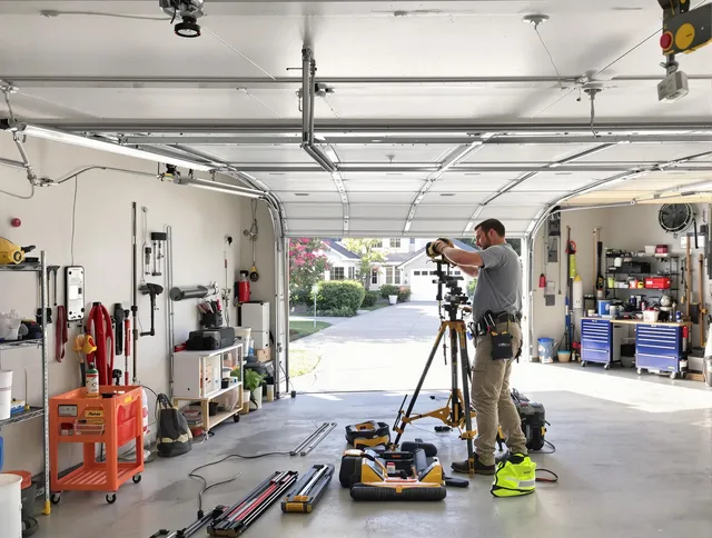 Akron Garage Door Repair specialist performing laser-guided track alignment in Akron